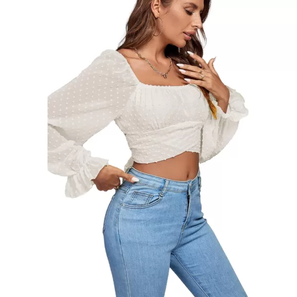 LYANER Women's Polka Dots Square Neck Wraped Self Tie Back Sheer Long Sleeve Crop Blouse Shirt Top