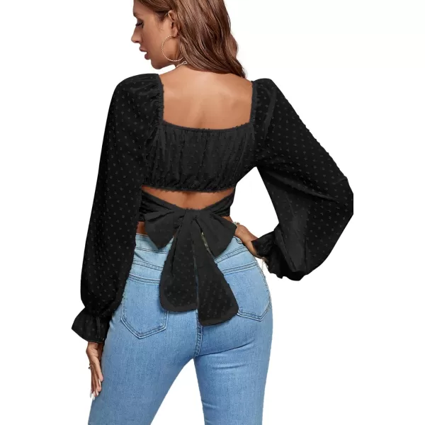 LYANER Women's Polka Dots Square Neck Wraped Self Tie Back Sheer Long Sleeve Crop Blouse Shirt Top