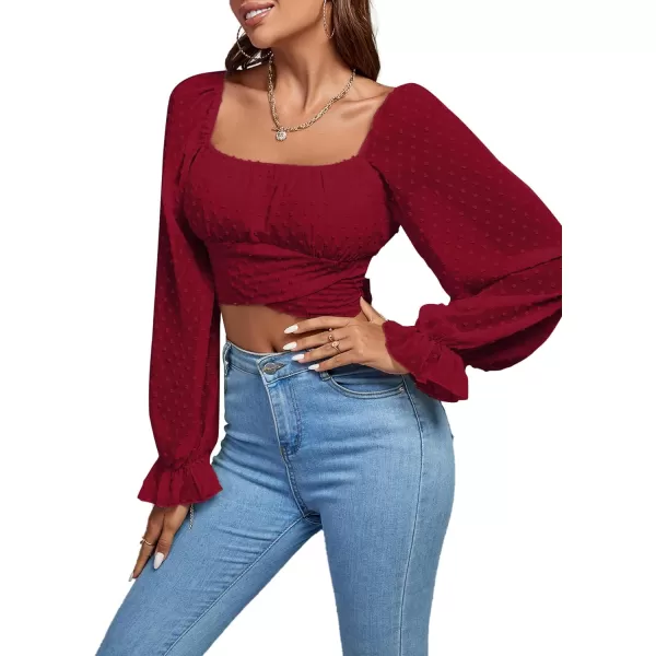 LYANER Women's Polka Dots Square Neck Wraped Self Tie Back Sheer Long Sleeve Crop Blouse Shirt Top
