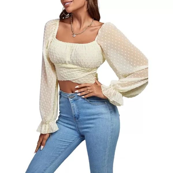 LYANER Women's Polka Dots Square Neck Wraped Self Tie Back Sheer Long Sleeve Crop Blouse Shirt Top