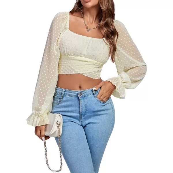 LYANER Women's Polka Dots Square Neck Wraped Self Tie Back Sheer Long Sleeve Crop Blouse Shirt Top