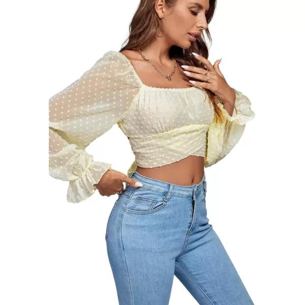 LYANER Women's Polka Dots Square Neck Wraped Self Tie Back Sheer Long Sleeve Crop Blouse Shirt Top