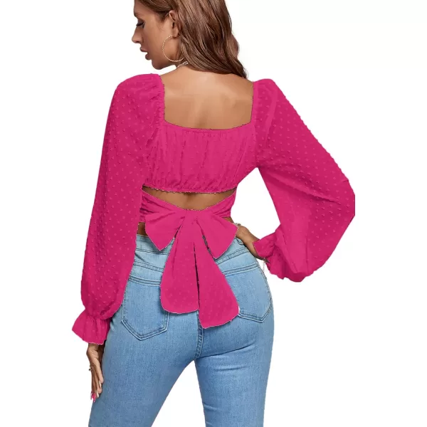LYANER Women's Polka Dots Square Neck Wraped Self Tie Back Sheer Long Sleeve Crop Blouse Shirt Top
