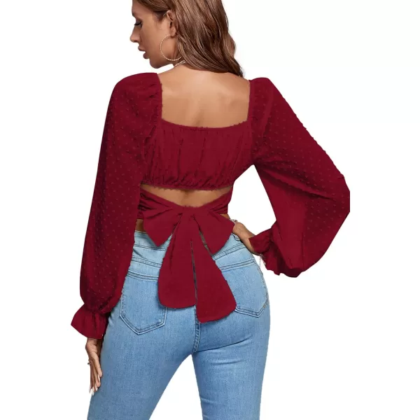 LYANER Women's Polka Dots Square Neck Wraped Self Tie Back Sheer Long Sleeve Crop Blouse Shirt Top