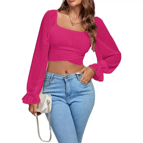 LYANER Women's Polka Dots Square Neck Wraped Self Tie Back Sheer Long Sleeve Crop Blouse Shirt Top