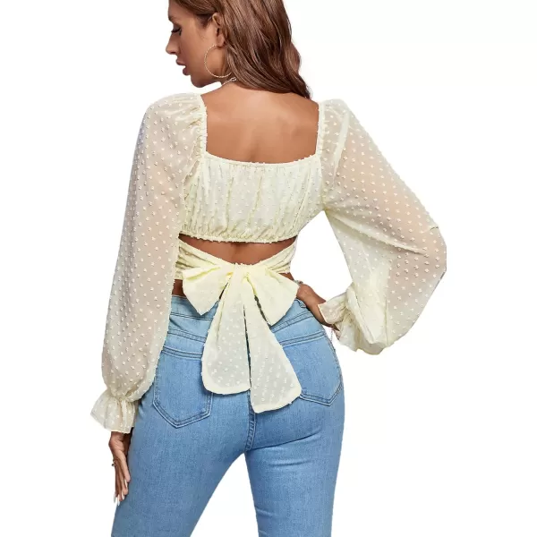 LYANER Women's Polka Dots Square Neck Wraped Self Tie Back Sheer Long Sleeve Crop Blouse Shirt Top