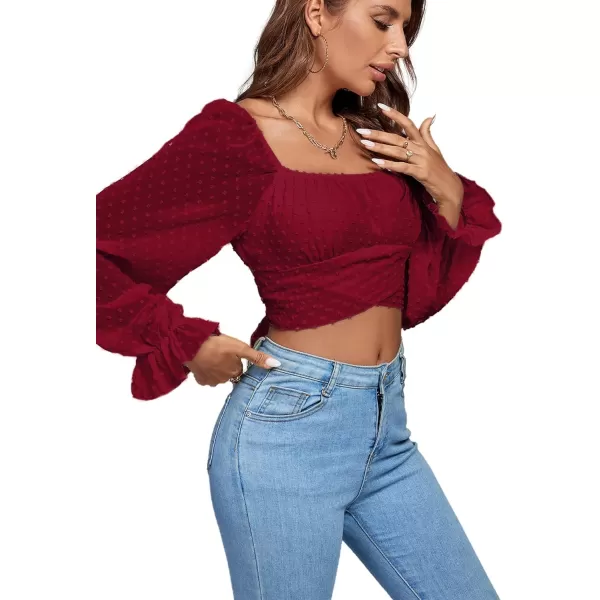 LYANER Women's Polka Dots Square Neck Wraped Self Tie Back Sheer Long Sleeve Crop Blouse Shirt Top