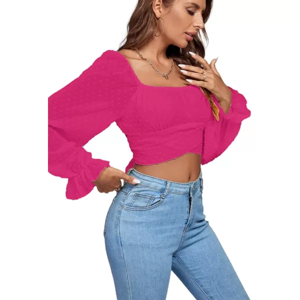 LYANER Women's Polka Dots Square Neck Wraped Self Tie Back Sheer Long Sleeve Crop Blouse Shirt Top
