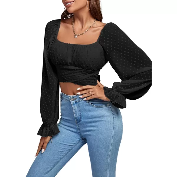 LYANER Women's Polka Dots Square Neck Wraped Self Tie Back Sheer Long Sleeve Crop Blouse Shirt Top