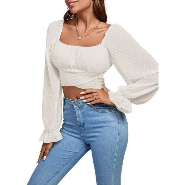 LYANER Women's Polka Dots Square Neck Wraped Self Tie Back Sheer Long Sleeve Crop Blouse Shirt Top