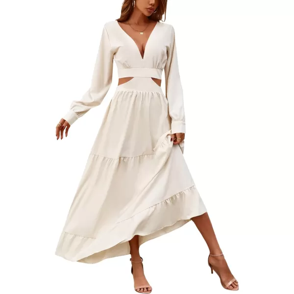 LYANER Women's Print Deep V Neck Puff Long Sleeve Cut Out Side Flowy Long Dress