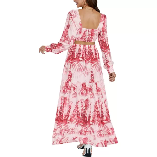 LYANER Women's Print Deep V Neck Puff Long Sleeve Cut Out Side Flowy Long Dress