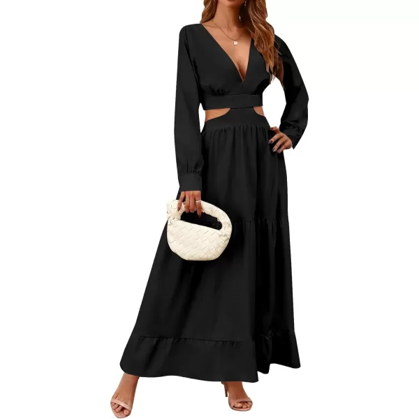 LYANER Women's Print Deep V Neck Puff Long Sleeve Cut Out Side Flowy Long Dress