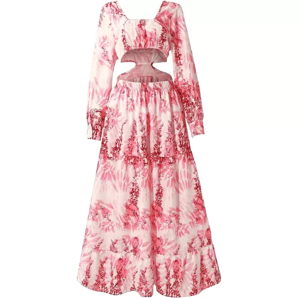 LYANER Women's Print Deep V Neck Puff Long Sleeve Cut Out Side Flowy Long Dress