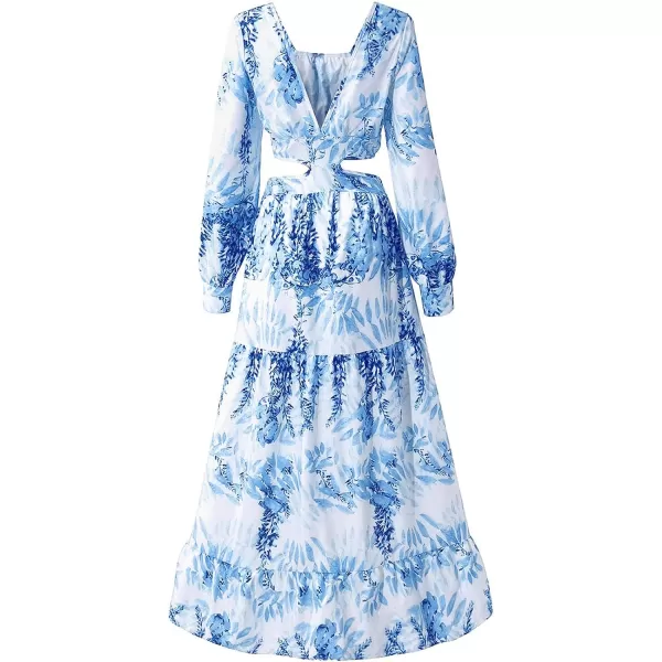 LYANER Women's Print Deep V Neck Puff Long Sleeve Cut Out Side Flowy Long Dress