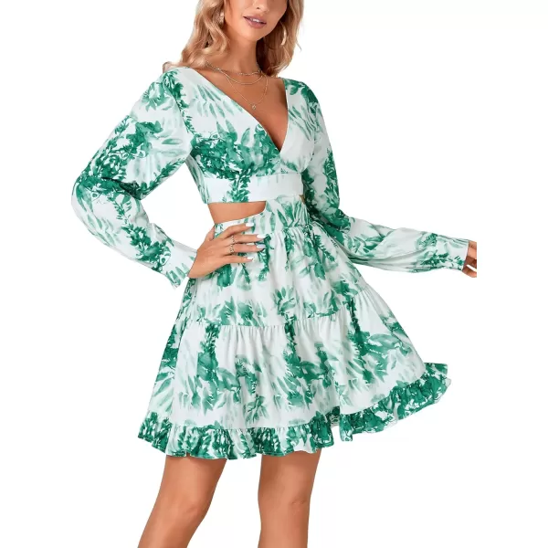 LYANER Women's Print Deep V Neck Puff Long Sleeve Cut Out Side Flowy Long Dress