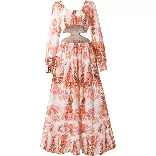 LYANER Women's Print Deep V Neck Puff Long Sleeve Cut Out Side Flowy Long Dress