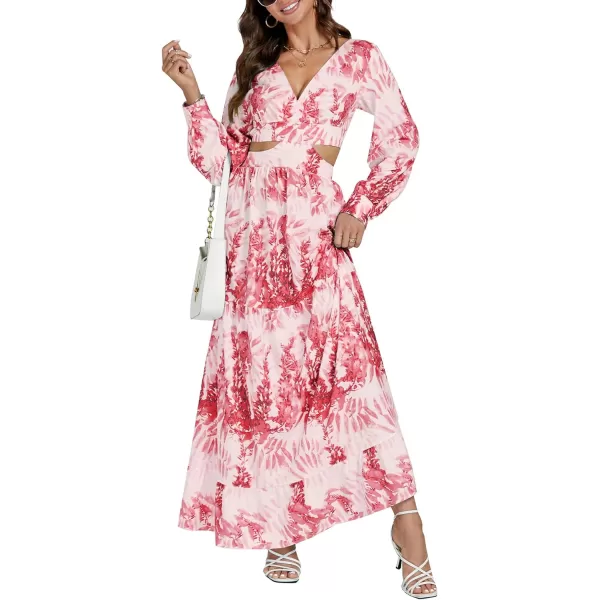 LYANER Women's Print Deep V Neck Puff Long Sleeve Cut Out Side Flowy Long Dress