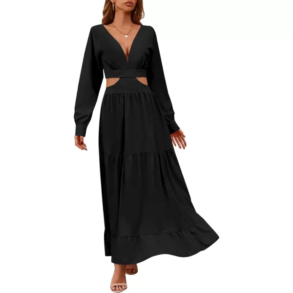 LYANER Women's Print Deep V Neck Puff Long Sleeve Cut Out Side Flowy Long Dress