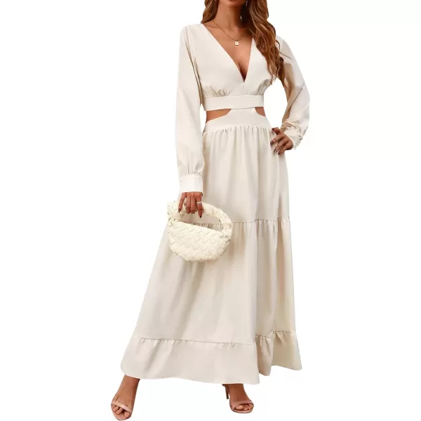 LYANER Women's Print Deep V Neck Puff Long Sleeve Cut Out Side Flowy Long Dress