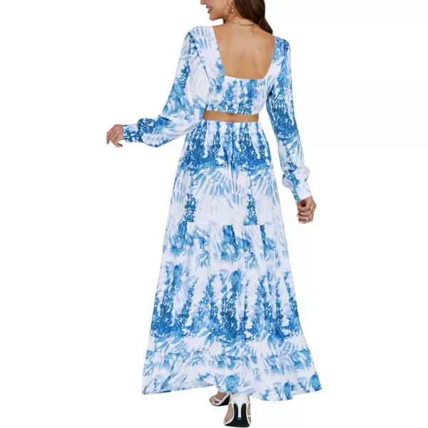 LYANER Women's Print Deep V Neck Puff Long Sleeve Cut Out Side Flowy Long Dress