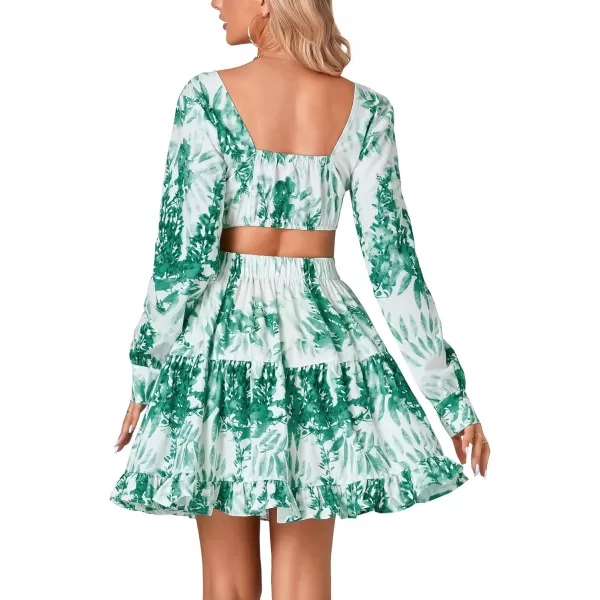 LYANER Women's Print Deep V Neck Puff Long Sleeve Cut Out Side Flowy Long Dress