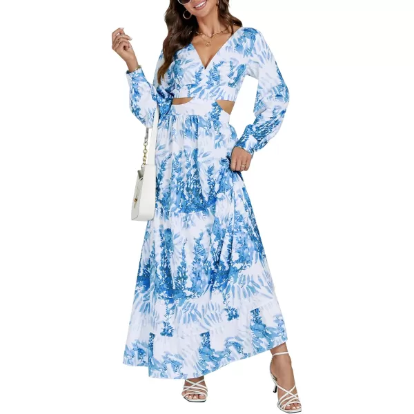 LYANER Women's Print Deep V Neck Puff Long Sleeve Cut Out Side Flowy Long Dress