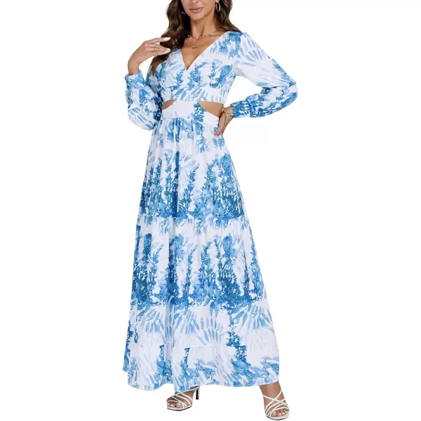 LYANER Women's Print Deep V Neck Puff Long Sleeve Cut Out Side Flowy Long Dress