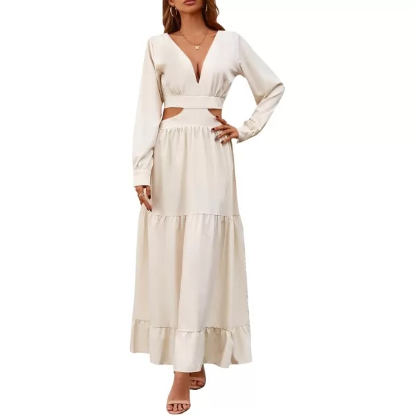LYANER Women's Print Deep V Neck Puff Long Sleeve Cut Out Side Flowy Long Dress