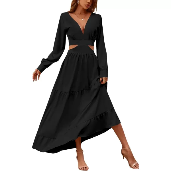 LYANER Women's Print Deep V Neck Puff Long Sleeve Cut Out Side Flowy Long Dress