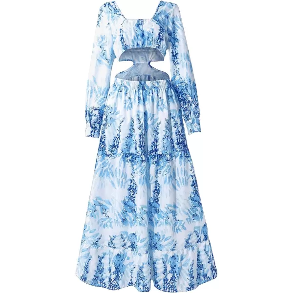 LYANER Women's Print Deep V Neck Puff Long Sleeve Cut Out Side Flowy Long Dress