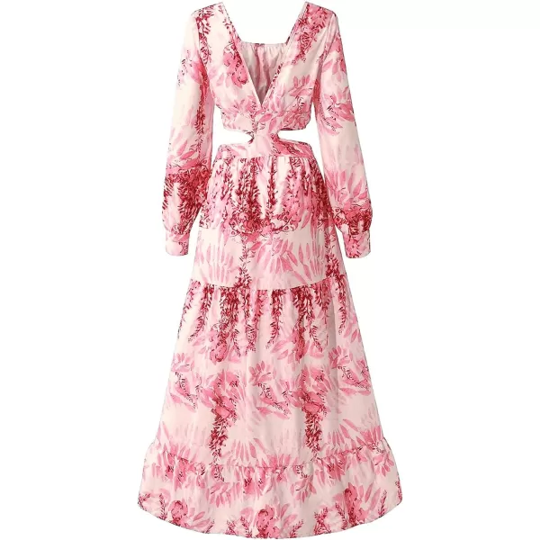 LYANER Women's Print Deep V Neck Puff Long Sleeve Cut Out Side Flowy Long Dress