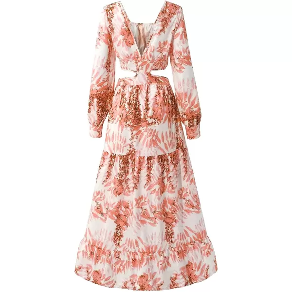 LYANER Women's Print Deep V Neck Puff Long Sleeve Cut Out Side Flowy Long Dress