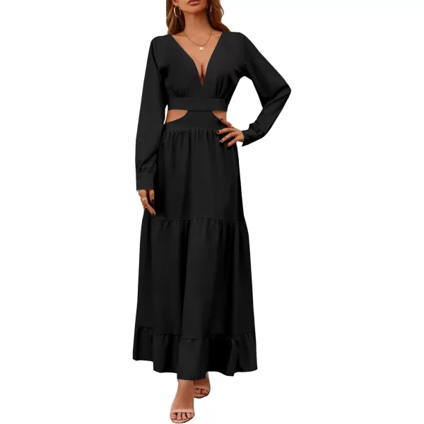 LYANER Women's Print Deep V Neck Puff Long Sleeve Cut Out Side Flowy Long Dress
