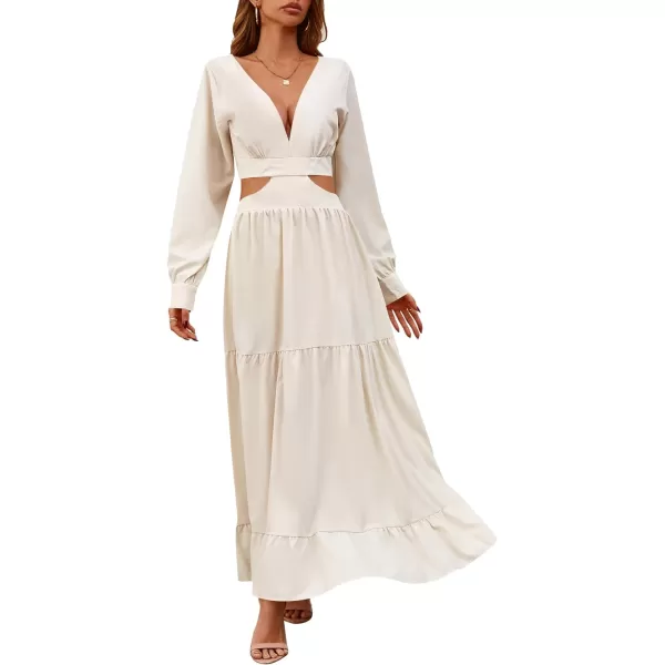 LYANER Women's Print Deep V Neck Puff Long Sleeve Cut Out Side Flowy Long Dress