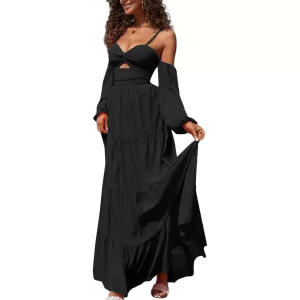 LYANER Women's Puff Long Sleeve Strappy Cut Out Front Flowy Swing Cami Maxi Dress