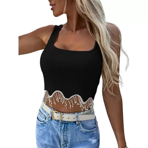 LYANER Women's Rhinestone Fringe Trim Ribbed Knit Square Neck Sleeveless Crop Tank Top