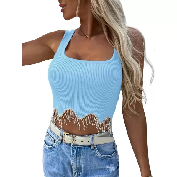 LYANER Women's Rhinestone Fringe Trim Ribbed Knit Square Neck Sleeveless Crop Tank Top