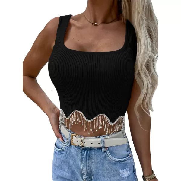 LYANER Women's Rhinestone Fringe Trim Ribbed Knit Square Neck Sleeveless Crop Tank Top