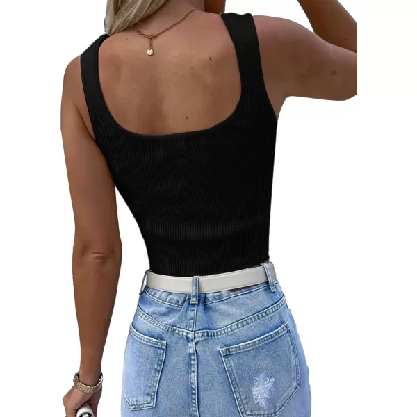 LYANER Women's Rhinestone Fringe Trim Ribbed Knit Square Neck Sleeveless Crop Tank Top