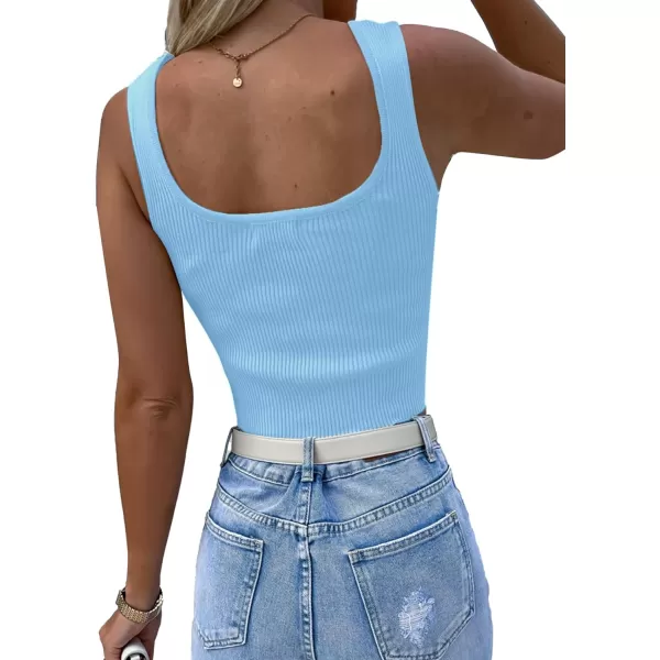 LYANER Women's Rhinestone Fringe Trim Ribbed Knit Square Neck Sleeveless Crop Tank Top