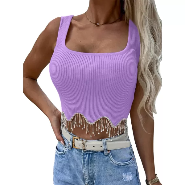 LYANER Women's Rhinestone Fringe Trim Ribbed Knit Square Neck Sleeveless Crop Tank Top