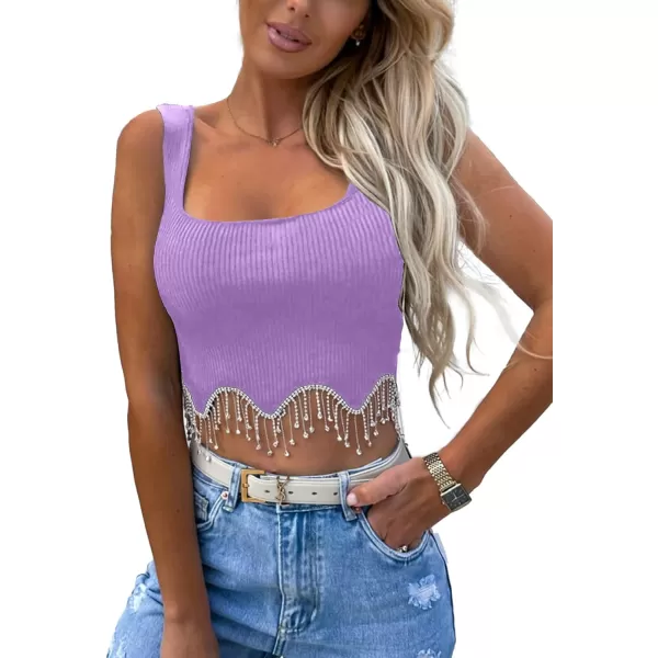 LYANER Women's Rhinestone Fringe Trim Ribbed Knit Square Neck Sleeveless Crop Tank Top