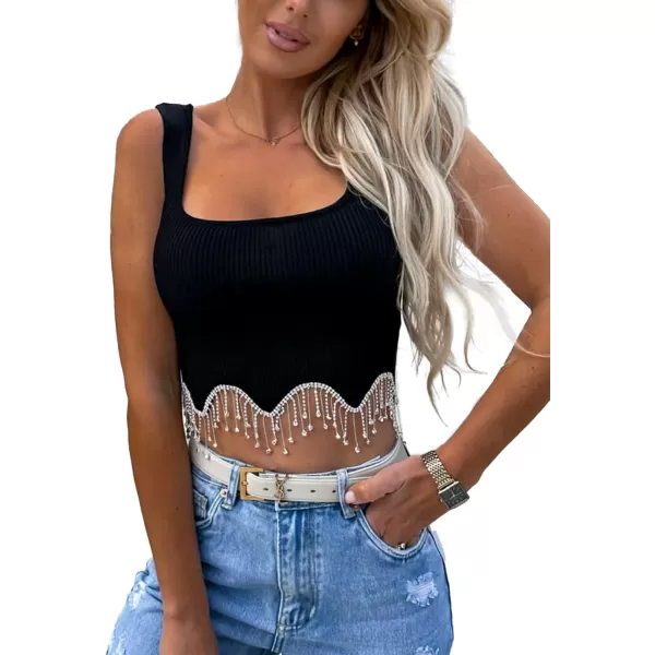 LYANER Women's Rhinestone Fringe Trim Ribbed Knit Square Neck Sleeveless Crop Tank Top