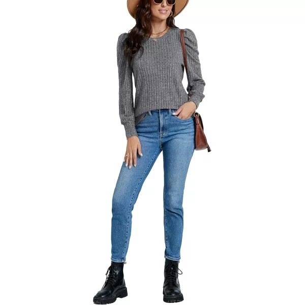 LYANER Women's Rib Knit Puff Long Sleeve Crewneck Casual Basic Tops Sweater Blouse