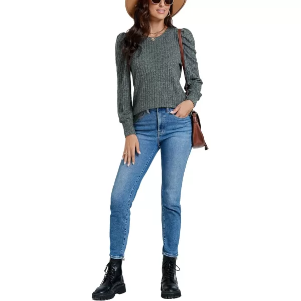 LYANER Women's Rib Knit Puff Long Sleeve Crewneck Casual Basic Tops Sweater Blouse