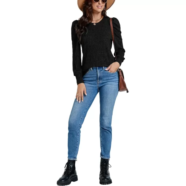 LYANER Women's Rib Knit Puff Long Sleeve Crewneck Casual Basic Tops Sweater Blouse