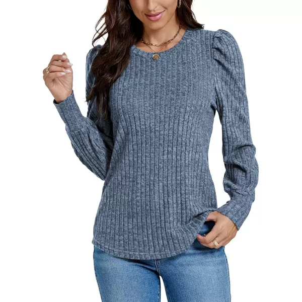 LYANER Women's Rib Knit Puff Long Sleeve Crewneck Casual Basic Tops Sweater Blouse