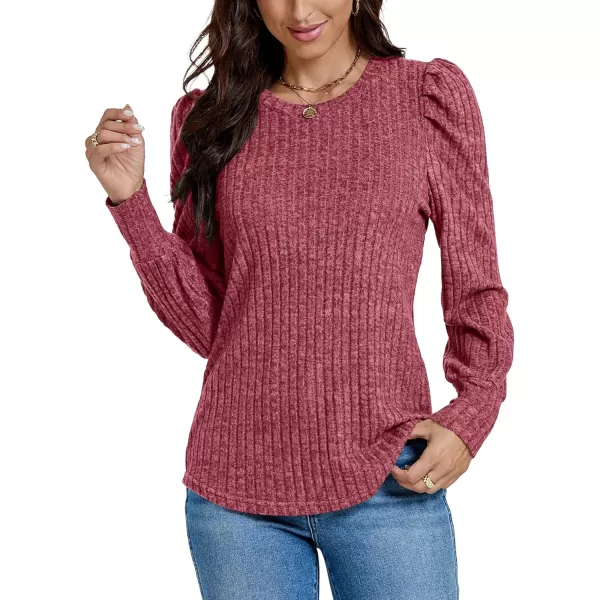 LYANER Women's Rib Knit Puff Long Sleeve Crewneck Casual Basic Tops Sweater Blouse