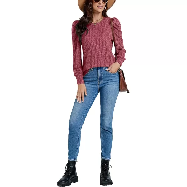 LYANER Women's Rib Knit Puff Long Sleeve Crewneck Casual Basic Tops Sweater Blouse